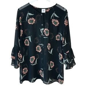 Cabi Black La Di Da Sheer Floral Ruffle Sleeve Button Up Blouse Top 5206 Size L